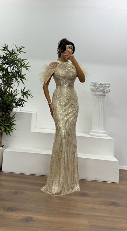 Abito da sera ricamato con piume beige