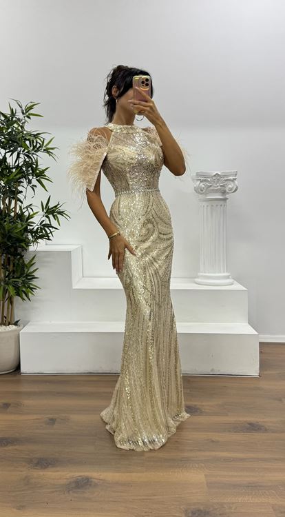 Abito da sera ricamato con piume beige