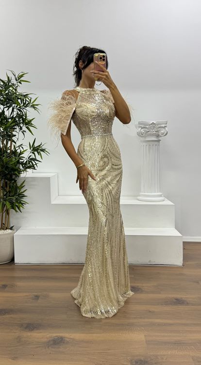 Abito da sera ricamato con piume beige