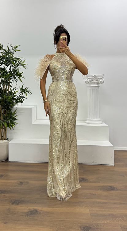 Abito da sera ricamato con piume beige