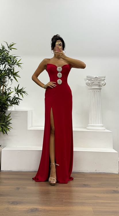 Kırmızı Straplez Çiçek Detay Abiye Elbise