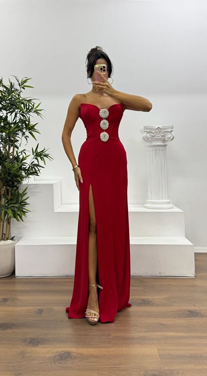 Kırmızı Straplez Çiçek Detay Abiye Elbise