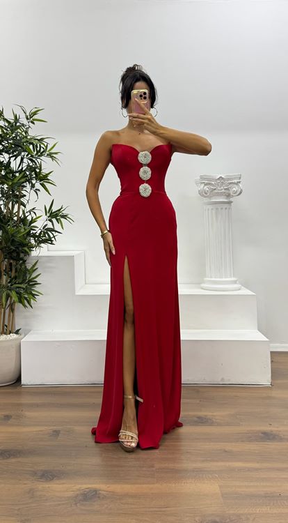 Kırmızı Straplez Çiçek Detay Abiye Elbise