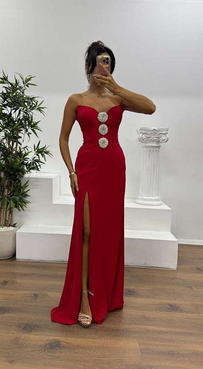 Kırmızı Straplez Çiçek Detay Abiye Elbise