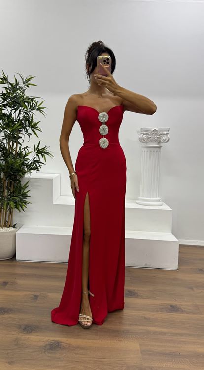 Kırmızı Straplez Çiçek Detay Abiye Elbise