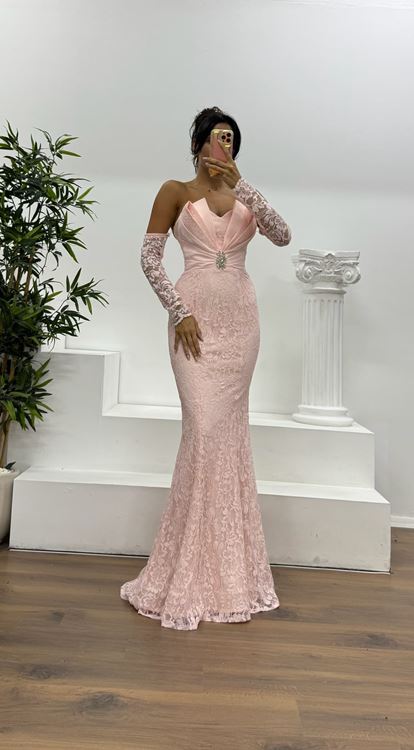 Pudra Straplez Dantel Abiye Elbise