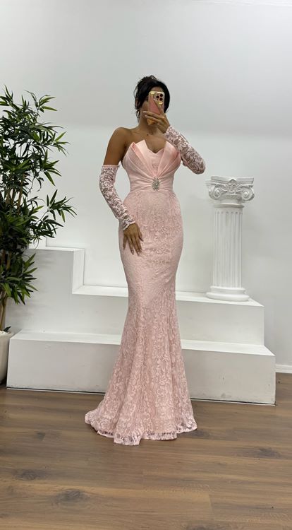 Pudra Straplez Dantel Abiye Elbise