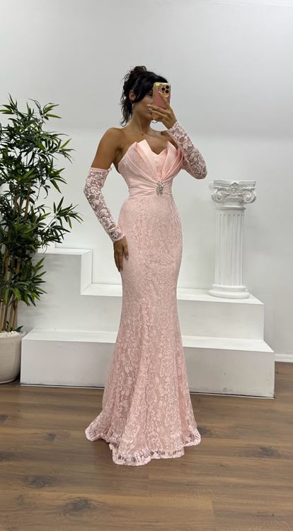 Pudra Straplez Dantel Abiye Elbise