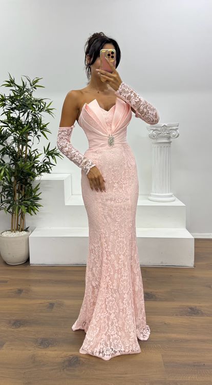 Pudra Straplez Dantel Abiye Elbise