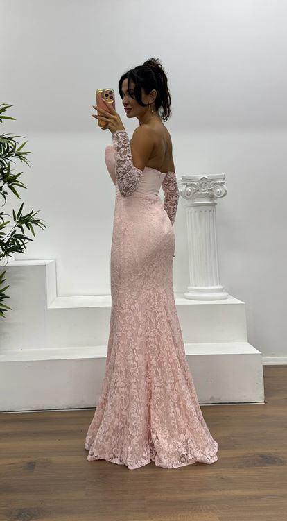 Pudra Straplez Dantel Abiye Elbise