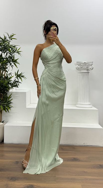 Firuze Tek Omuz Şifon Abiye Elbise