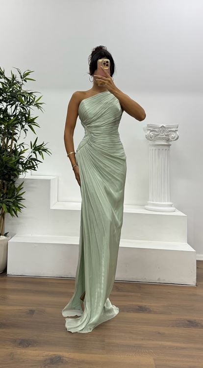 Firuze Tek Omuz Şifon Abiye Elbise