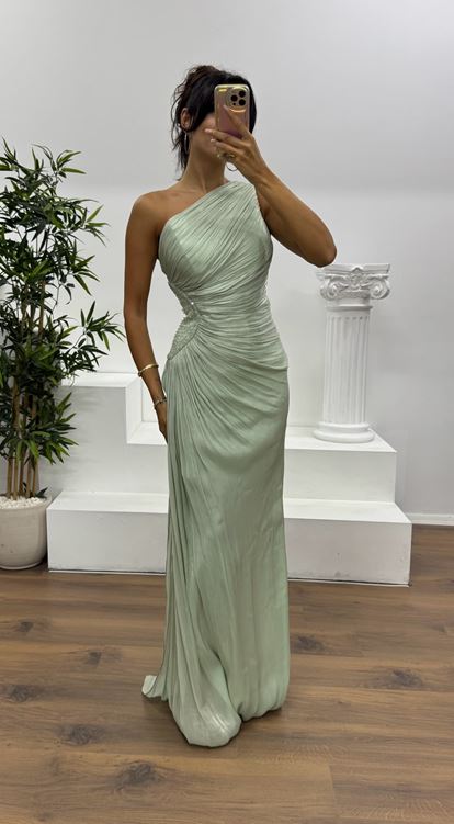 Firuze Tek Omuz Şifon Abiye Elbise