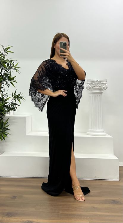 Abito da sera taglie forti in chiffon con dettagli in pizzo nero 