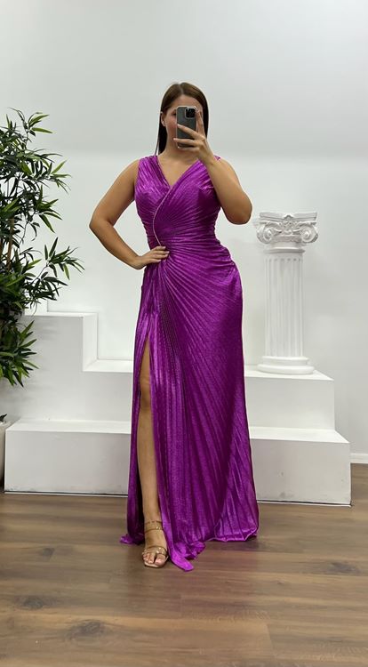 Fuchsia V-Neck Stone Detail Plus Size Evening Dress