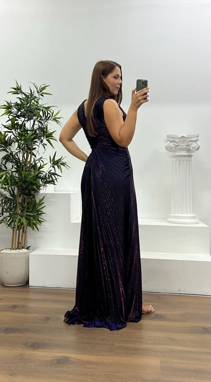 Purple V-Neck Stone Detail Plus Size Evening Dress