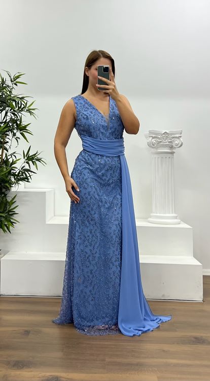 Mavi V Yaka Bel Detay İşlemeli Büyük Beden Abiye Elbise