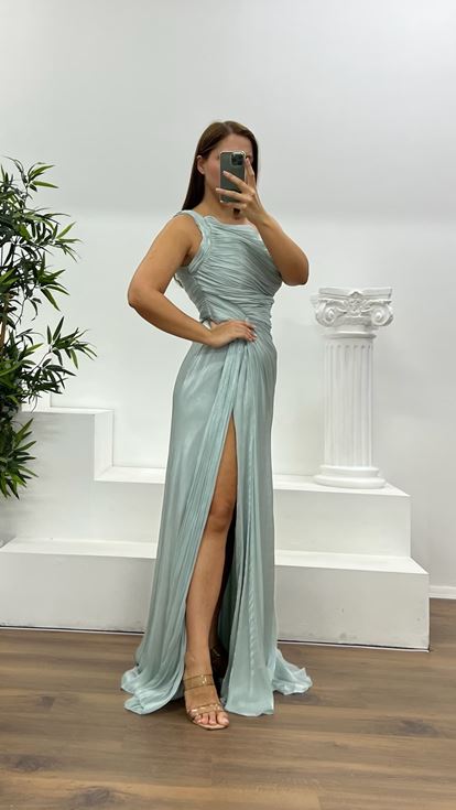 Mint Tek Omuz Drape Detay Şifon Büyük Beden Abiye Elbise