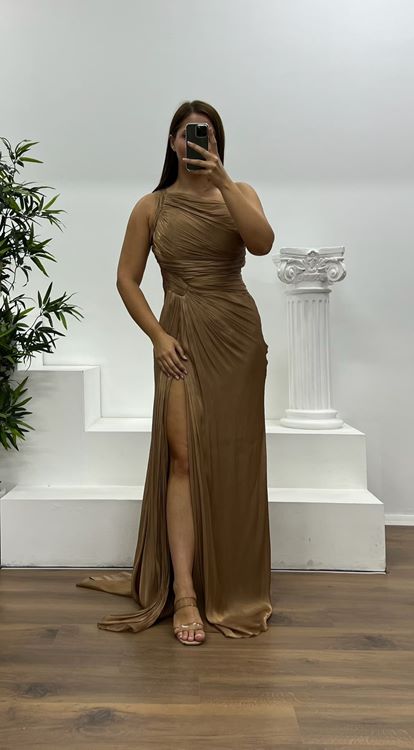 Dark Gold One Shoulder Drape Detail Chiffon Plus Size Evening Dress