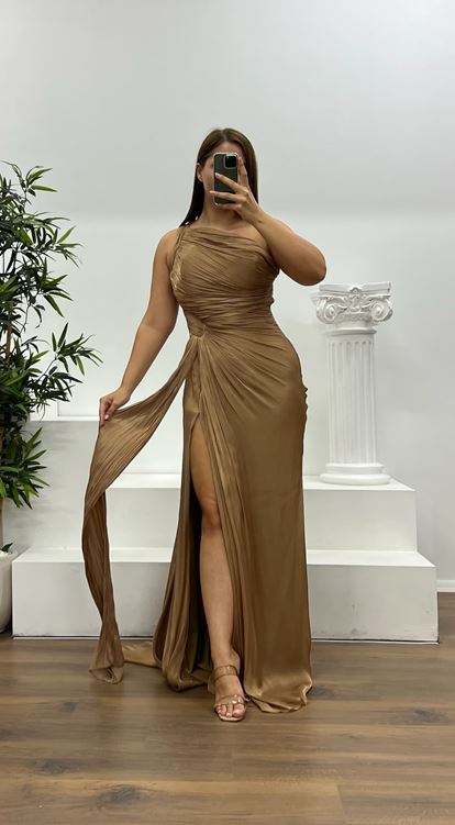 Dark Gold One Shoulder Drape Detail Chiffon Plus Size Evening Dress