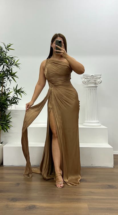 Dark Gold One Shoulder Drape Detail Chiffon Plus Size Evening Dress