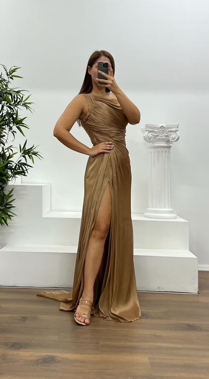Dark Gold One Shoulder Drape Detail Chiffon Plus Size Evening Dress