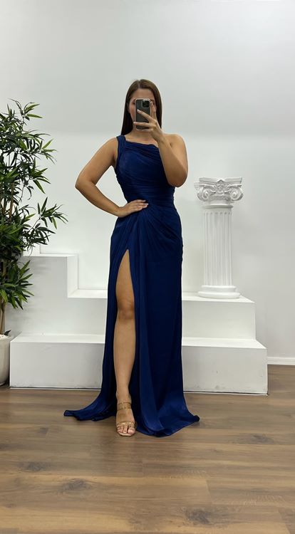 Lacivert Tek Omuz Drape Detay Şifon Büyük Beden Abiye Elbise