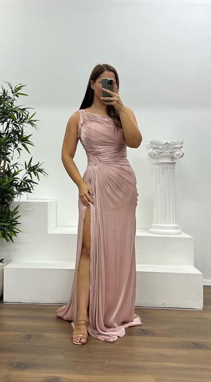 Pudra Tek Omuz Drape Detay Şifon Büyük Beden Abiye Elbise