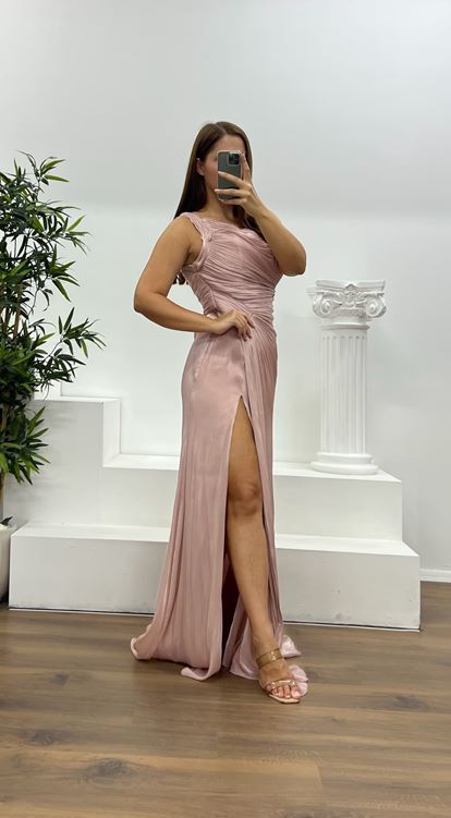 Pudra Tek Omuz Drape Detay Şifon Büyük Beden Abiye Elbise