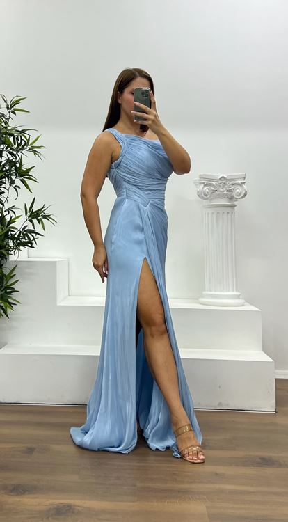 Abito da sera blu monospalla in chiffon con dettaglio drappeggiato  taglie forti 