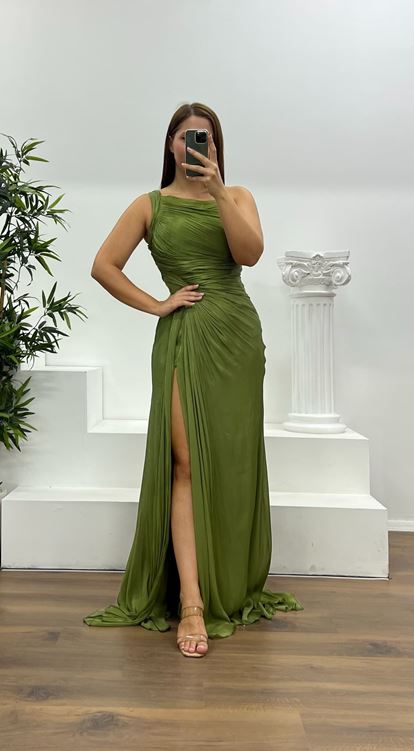 Khaki One Shoulder Drape Detail Chiffon Plus Size Evening Dress