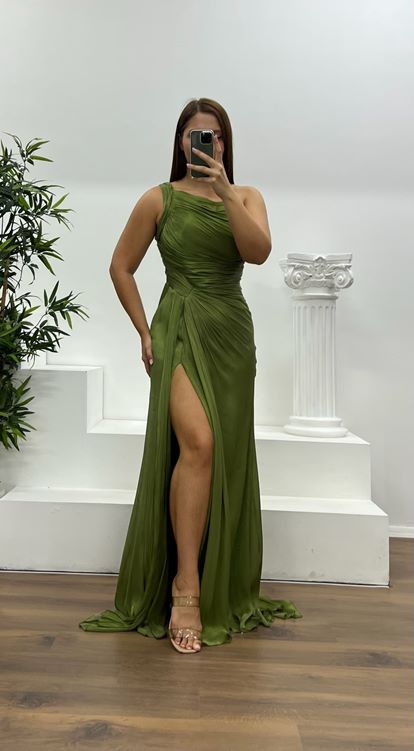 Khaki One Shoulder Drape Detail Chiffon Plus Size Evening Dress