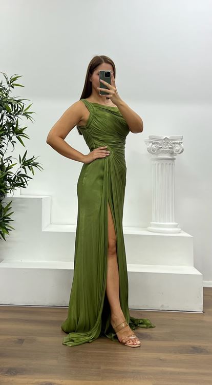 Khaki One Shoulder Drape Detail Chiffon Plus Size Evening Dress