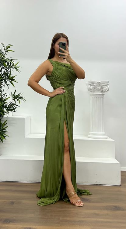 Khaki One Shoulder Drape Detail Chiffon Plus Size Evening Dress