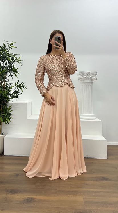 Vestido de noche de talla grande  manga larga  lentejuelas  color rosa empolvado