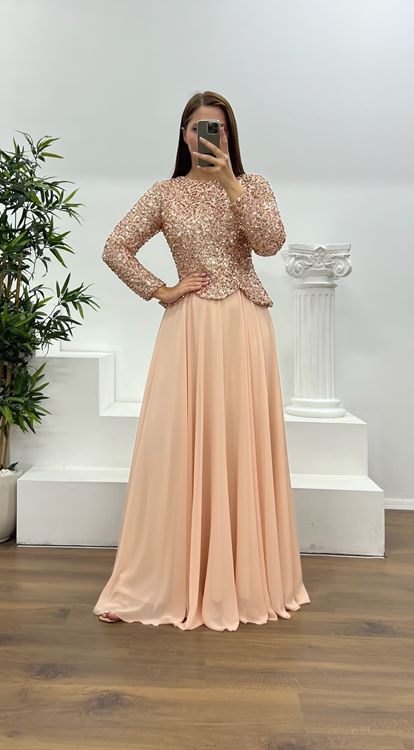 Vestido de noche de talla grande  manga larga  lentejuelas  color rosa empolvado