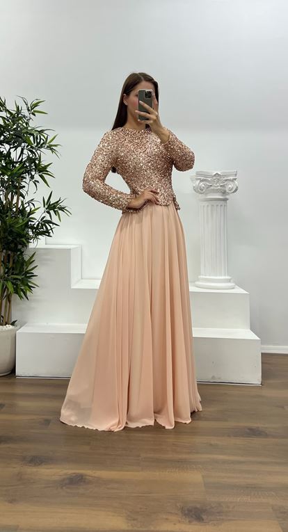 Vestido de noche de talla grande  manga larga  lentejuelas  color rosa empolvado