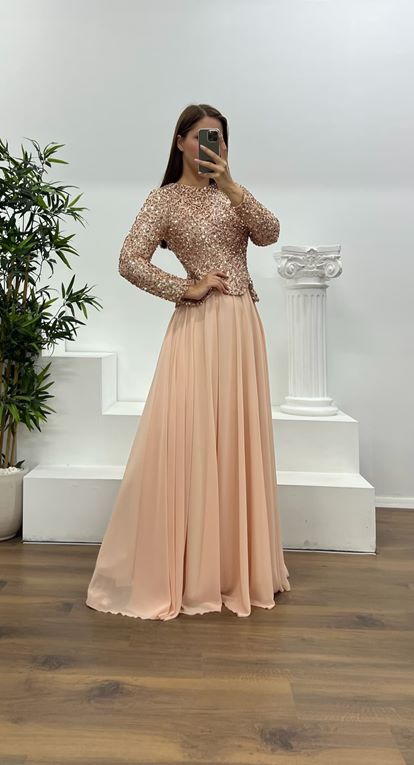 Vestido de noche de talla grande  manga larga  lentejuelas  color rosa empolvado