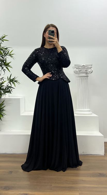 Abito da sera nero a maniche lunghe con paillettes  taglie forti 