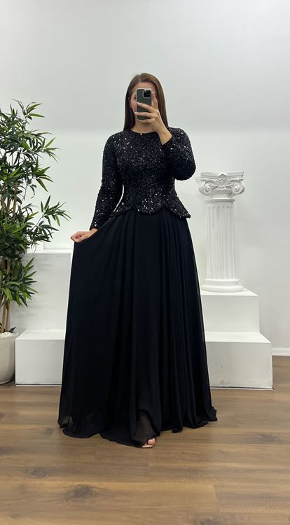 Abito da sera nero a maniche lunghe con paillettes  taglie forti 