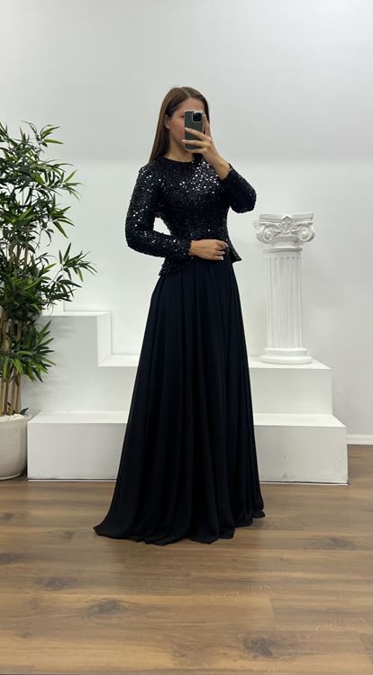 Abito da sera nero a maniche lunghe con paillettes  taglie forti 