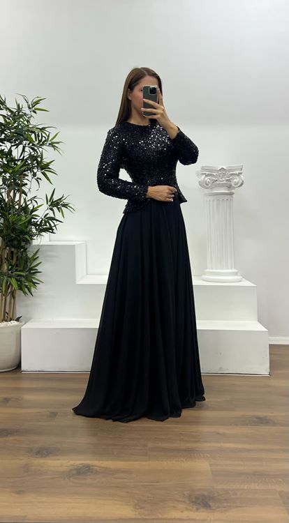 Abito da sera nero a maniche lunghe con paillettes  taglie forti 
