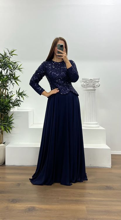 Marineblaues  langärmeliges Pailletten Abendkleid in Übergröße