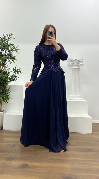 Marineblaues  langärmeliges Pailletten Abendkleid in Übergröße