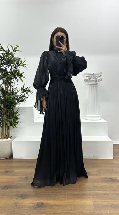 Black Long Sleeve Chiffon Evening Dress