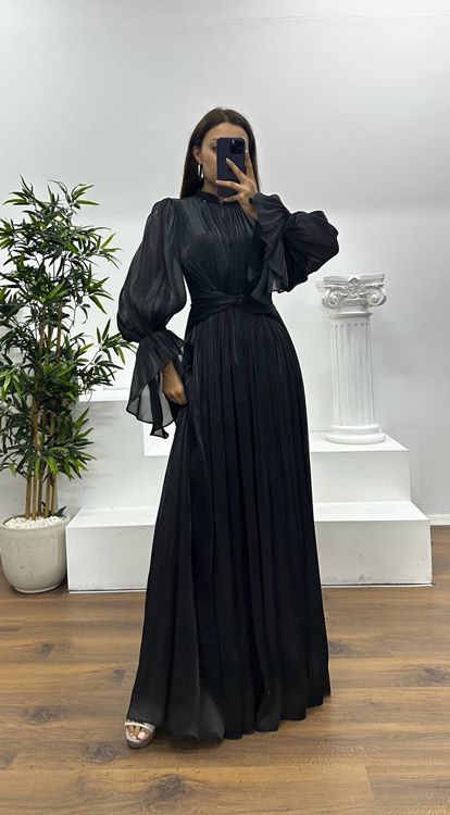 Black Long Sleeve Chiffon Evening Dress