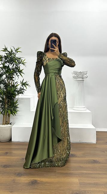 Khaki Square Neck Embroidered Evening Dress