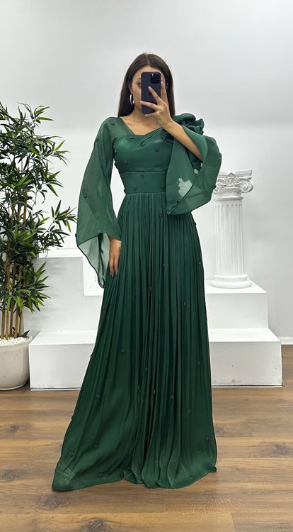 Zümrüt Tek Omuz İnci Detay Şifon Abiye Elbise
