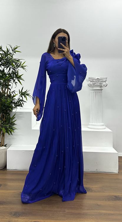 Saks Tek Omuz İnci Detay Şifon Abiye Elbise