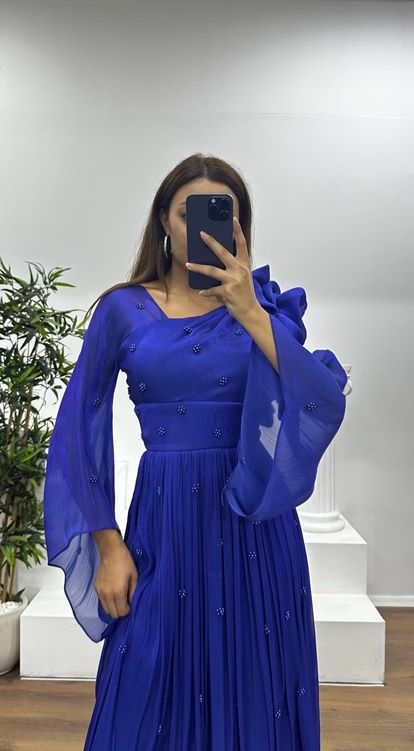 Saks Tek Omuz İnci Detay Şifon Abiye Elbise